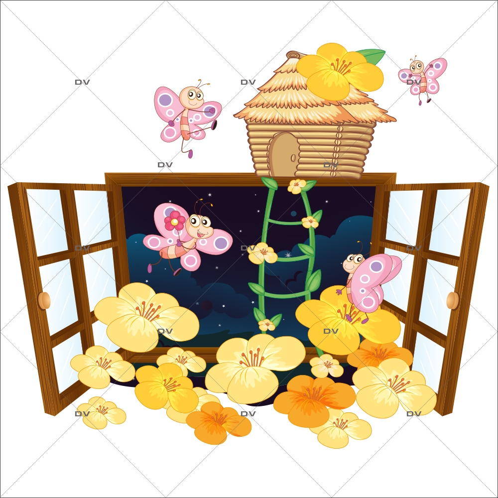 DS119 - Sticker fenêtre fleurs et papillons - DECO-VITRES