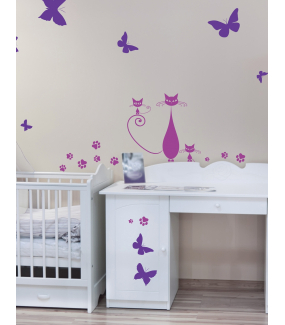 Sticker Mural Fille fée Papillon Violet Fleurs Décalques muraux
