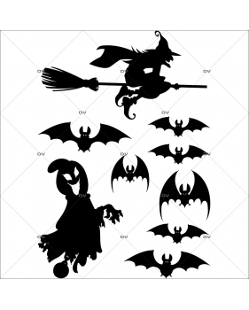 HALL86 - Sticker halloween sorciere et chauve-souris