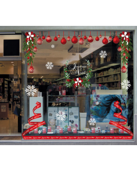 vitrine-decoration-noel-pin-pignes-sticker-electrostatique-vitrophanie-cristaux-neige-noeud-ruban-suspensions-boules-rouges-sapin-ruban-stylise-couronne-houx-deco-vitres