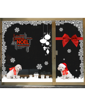 vitrine-decoration-noel-chiots-golden-retriever-cristaux-boules-cadeaux-ruban-noeud-sticker-electrostatique-vitrophanie-deco-vitres