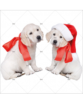 sticker-chiots-golden-retriever-noeud-ruban-rouge-et-bonnet-vitrine-noel-electrostatique-vitrophanie-sans-colle-DECO-VITRES-CC9