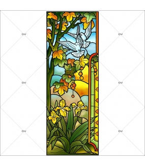 sticker-vitrail-paysage-colombes-iris-platane-art-nouveau-nature-arbre-fleurs-adhesif-effet-depoli-format-personnalise-DECO-VITRES-VITP2023