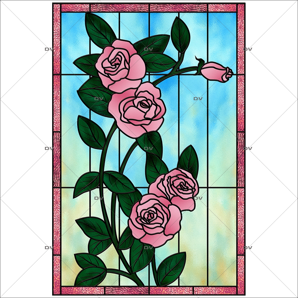 VIT111 - Sticker effet vitrail roses roses - DECO-VITRES